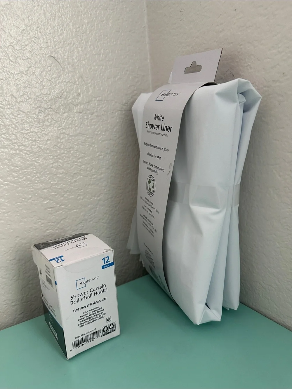 Mainstays bathroom utility accessories set of: a shower curtain & hooks-new.